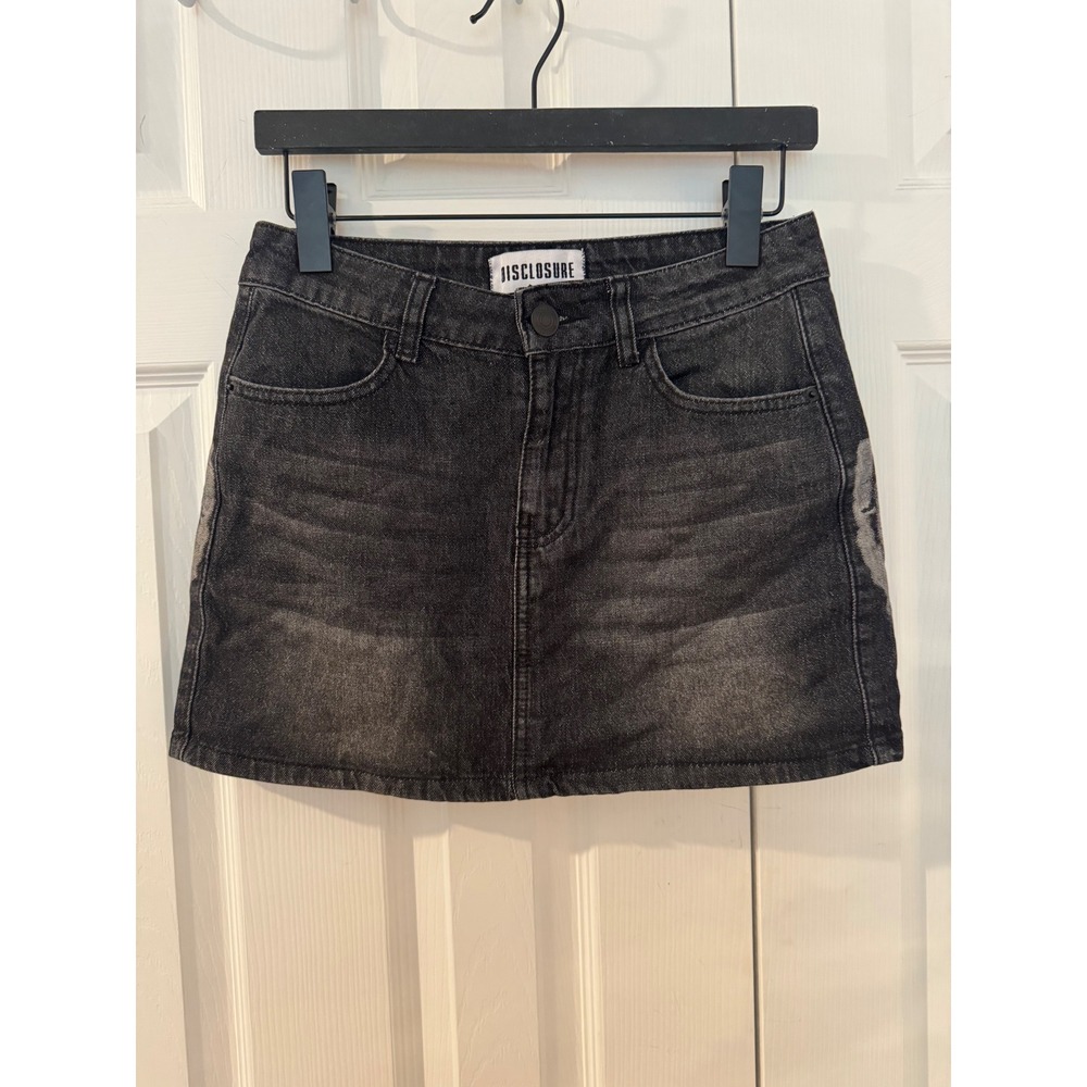 Disclosure Black Denim Mini Skirt Bleached Graphic Back Grunge Alt Womens Large